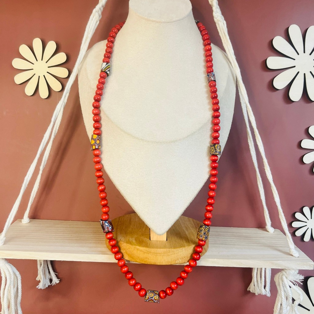 Boho Style Beaded Necklace‎ Red Dyed with Accent Beads Eclectic
